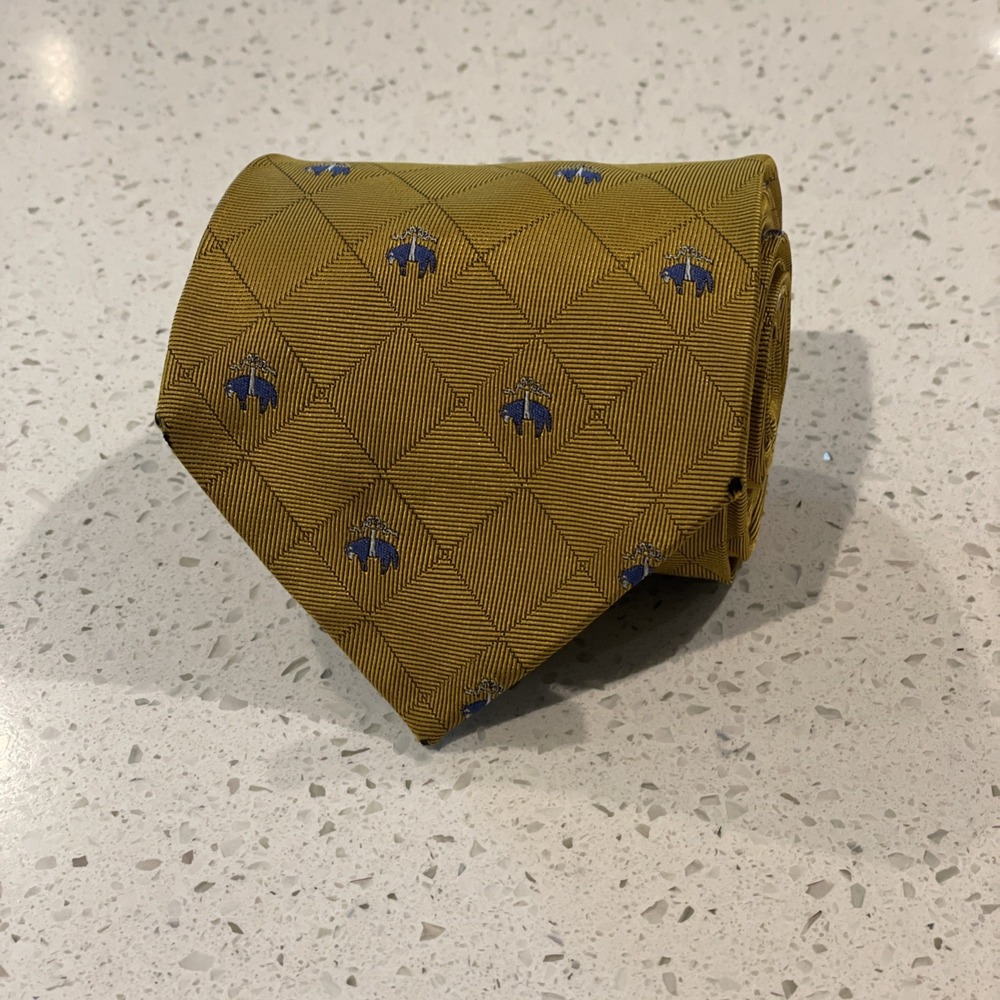 Brooks Brothers Basics Silk Tie Gold Blue Logo Pattern